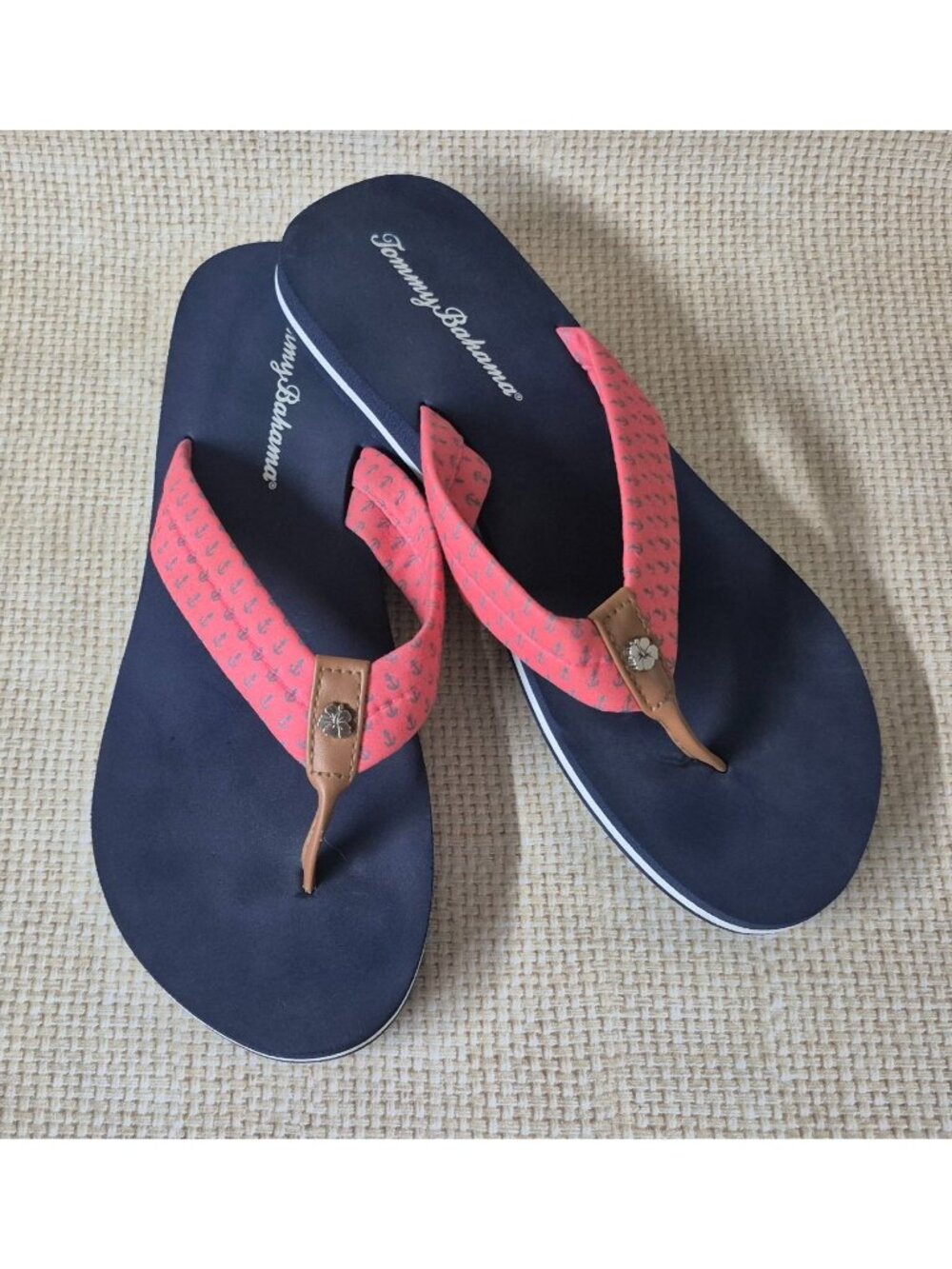 Tommy Bahama Womens Sandals Size 10 Flip Flops Blue & Pink Nautical Beach Vacay